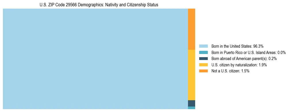 Treemap showing the population distribution by nativity and citizenship status in US ZIP Code 29566 based on U.S. Census data.