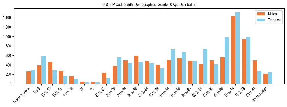 Bar chart showing the population distribution of US ZIP Code 29566 by age group and gender, based on 2023 ACS data.