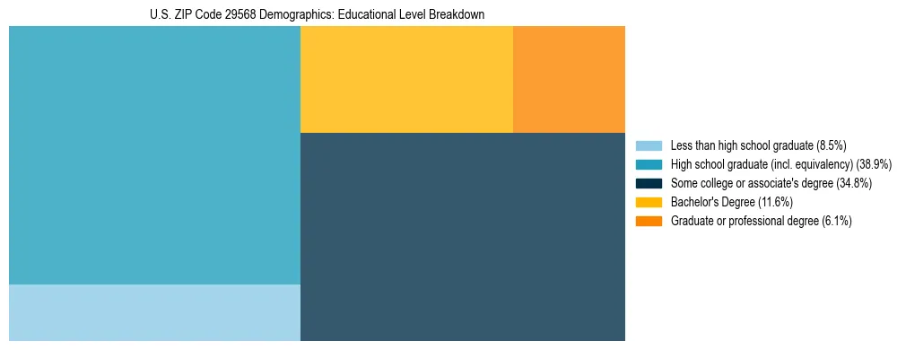 Treemap chart illustrating the educational attainment breakdown for population 25 years and over in US ZIP Code 29568.