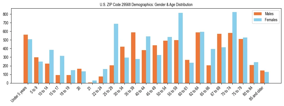 Bar chart showing the population distribution of US ZIP Code 29568 by age group and gender, based on 2023 ACS data.