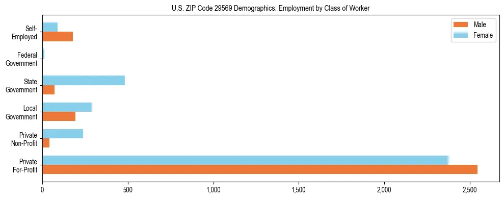 Horizontal bar chart showing employment distribution by class of worker and gender in US ZIP Code 29569, based on 2023 ACS data.
