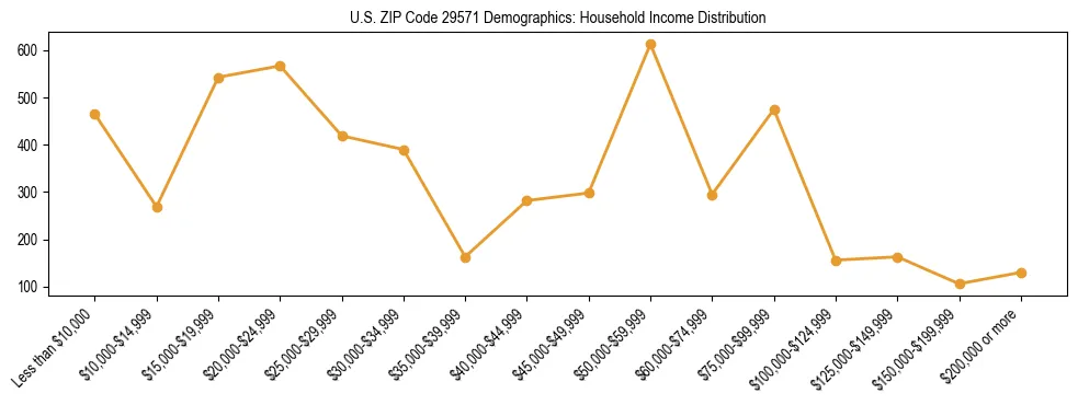 Horizontal bar chart showing household income distribution in US ZIP Code 29571.