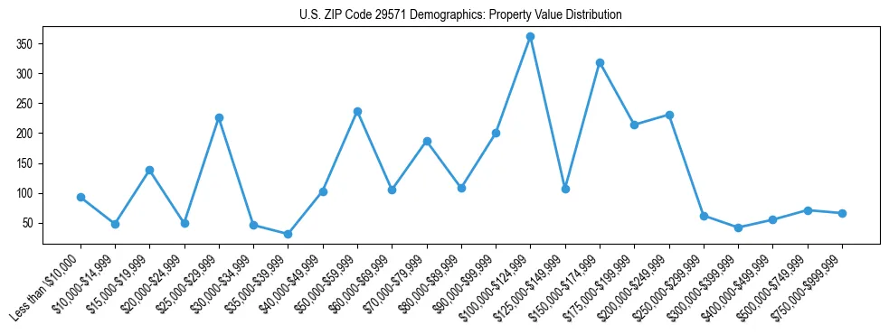 Line chart showing the distribution of property values for owner-occupied housing units in US ZIP Code 29571.