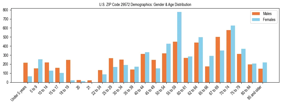Bar chart showing the population distribution of US ZIP Code 29572 by age group and gender, based on 2023 ACS data.