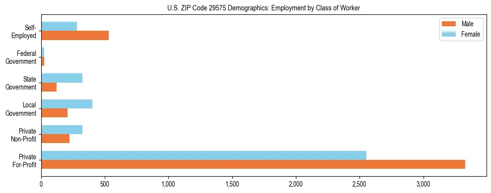 Horizontal bar chart showing employment distribution by class of worker and gender in US ZIP Code 29575, based on 2023 ACS data.