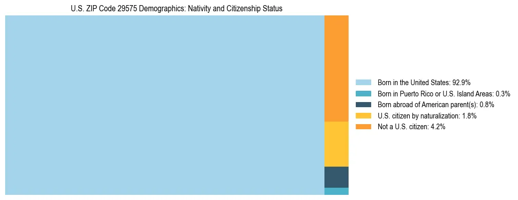 Treemap showing the population distribution by nativity and citizenship status in US ZIP Code 29575 based on U.S. Census data.