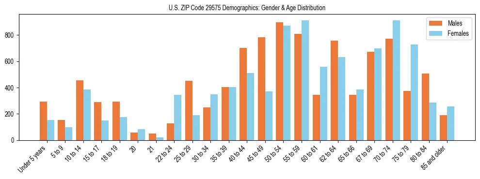 Bar chart showing the population distribution of US ZIP Code 29575 by age group and gender, based on 2023 ACS data.