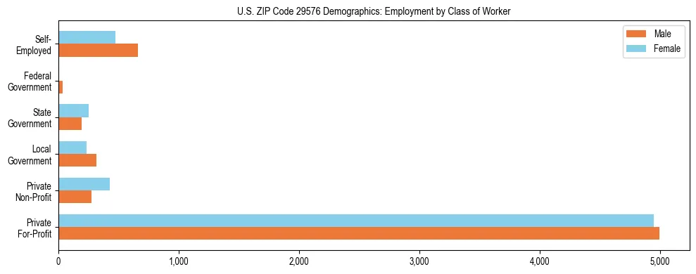 Horizontal bar chart showing employment distribution by class of worker and gender in US ZIP Code 29576, based on 2023 ACS data.