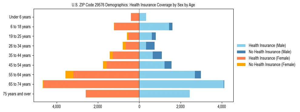 Pyramid chart showing health insurance coverage by age and sex in US ZIP Code 29576.