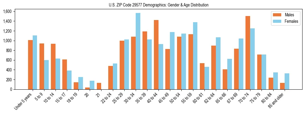 Bar chart showing the population distribution of US ZIP Code 29577 by age group and gender, based on 2023 ACS data.