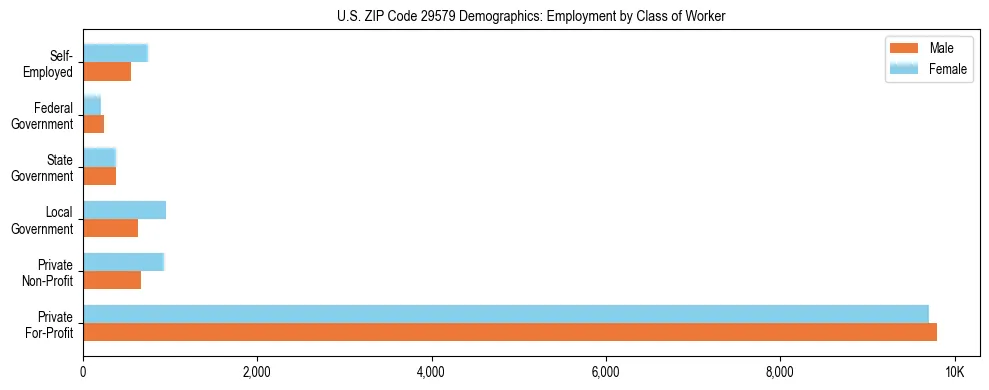 Horizontal bar chart showing employment distribution by class of worker and gender in US ZIP Code 29579, based on 2023 ACS data.