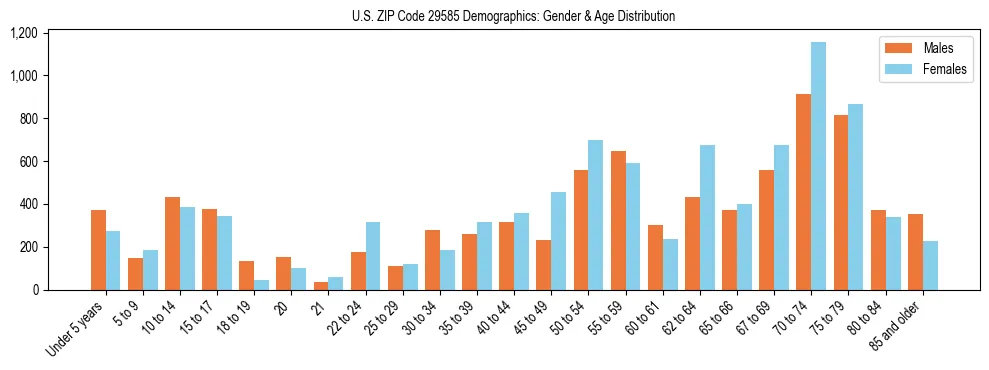 Bar chart showing the population distribution of US ZIP Code 29585 by age group and gender, based on 2023 ACS data.