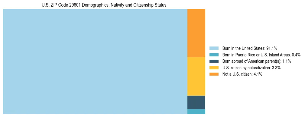 Treemap showing the population distribution by nativity and citizenship status in US ZIP Code 29601 based on U.S. Census data.