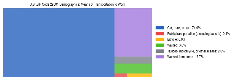 Treemap showing means of transportation to work distribution in US ZIP Code 29601.