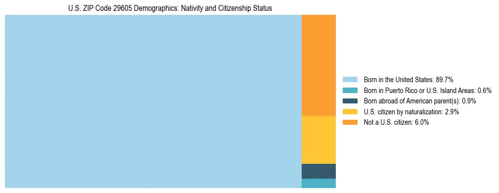 Treemap showing the population distribution by nativity and citizenship status in US ZIP Code 29605 based on U.S. Census data.