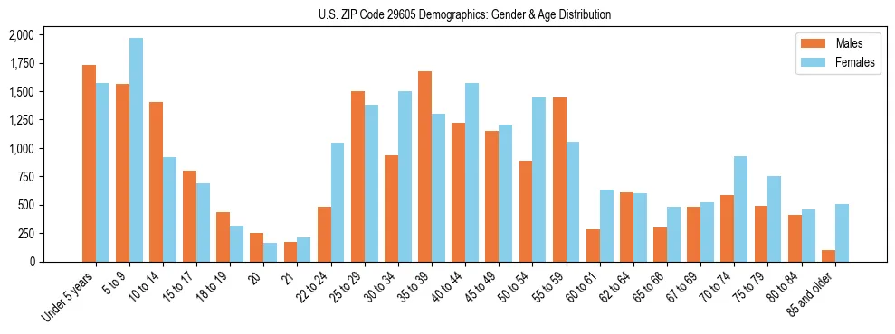 Bar chart showing the population distribution of US ZIP Code 29605 by age group and gender, based on 2023 ACS data.