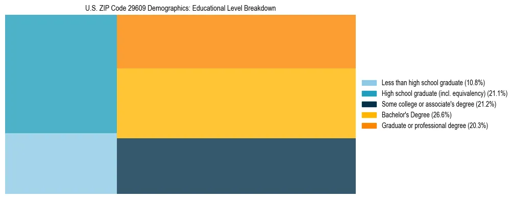 Treemap chart illustrating the educational attainment breakdown for population 25 years and over in US ZIP Code 29609.