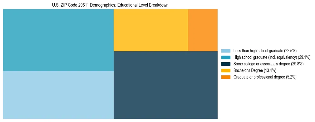 Treemap chart illustrating the educational attainment breakdown for population 25 years and over in US ZIP Code 29611.