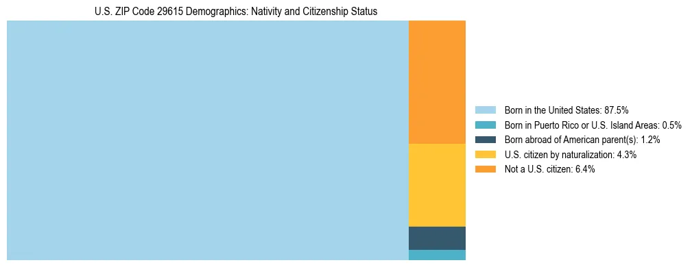 Treemap showing the population distribution by nativity and citizenship status in US ZIP Code 29615 based on U.S. Census data.