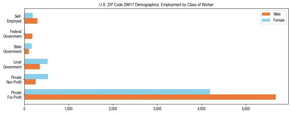 Horizontal bar chart showing employment distribution by class of worker and gender in US ZIP Code 29617, based on 2023 ACS data.