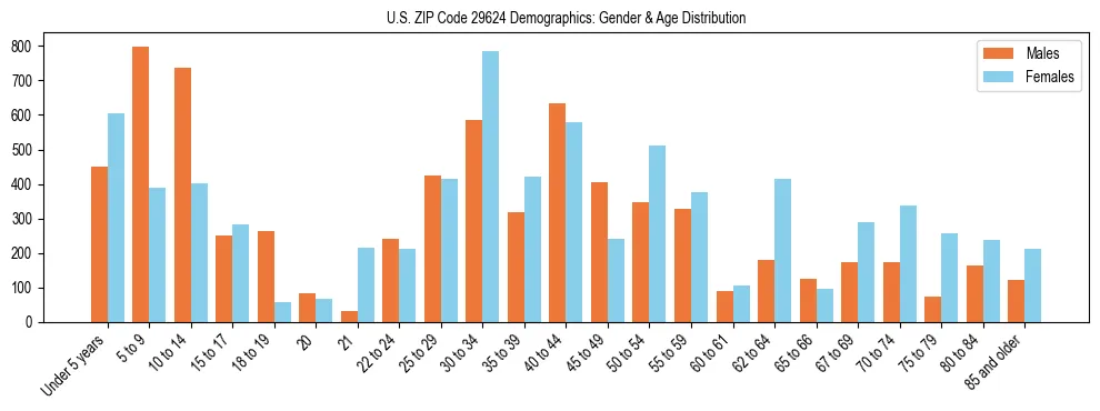 Bar chart showing the population distribution of US ZIP Code 29624 by age group and gender, based on 2023 ACS data.