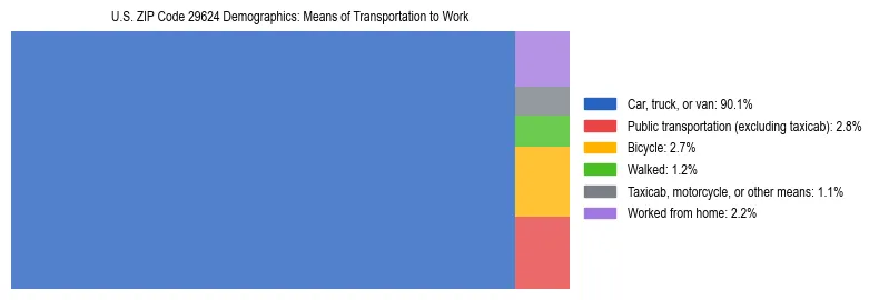 Treemap showing means of transportation to work distribution in US ZIP Code 29624.