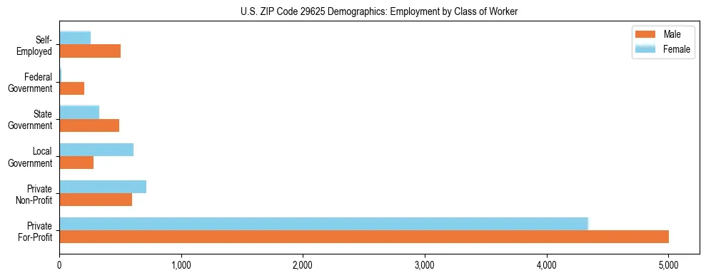 Horizontal bar chart showing employment distribution by class of worker and gender in US ZIP Code 29625, based on 2023 ACS data.
