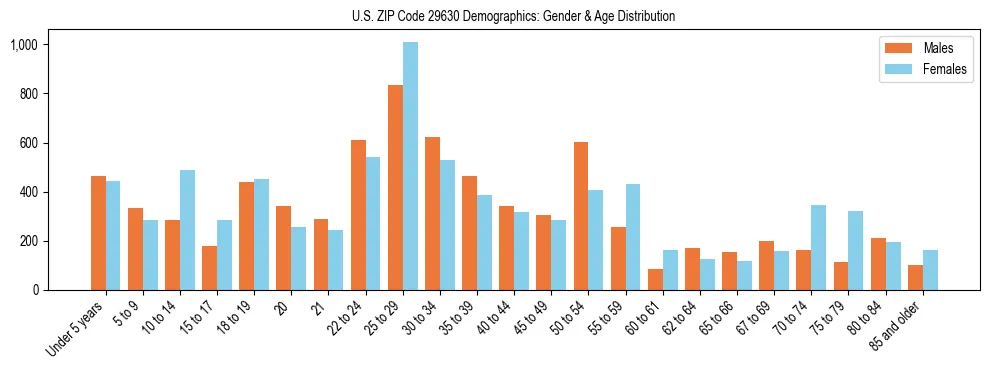 Bar chart showing the population distribution of US ZIP Code 29630 by age group and gender, based on 2023 ACS data.