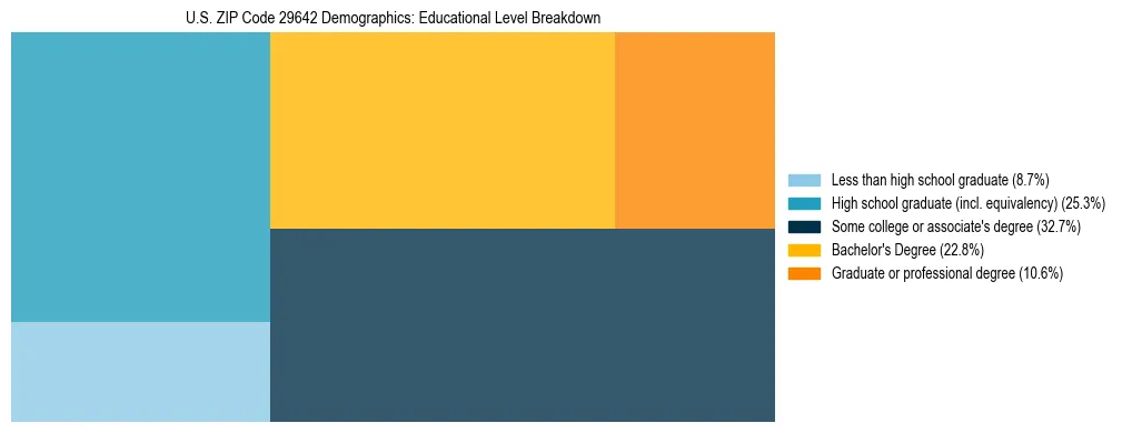 Treemap chart illustrating the educational attainment breakdown for population 25 years and over in US ZIP Code 29642.