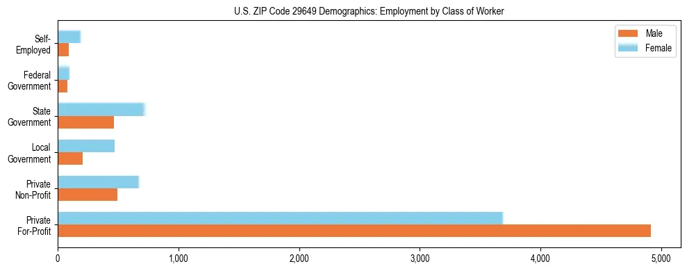 Horizontal bar chart showing employment distribution by class of worker and gender in US ZIP Code 29649, based on 2023 ACS data.