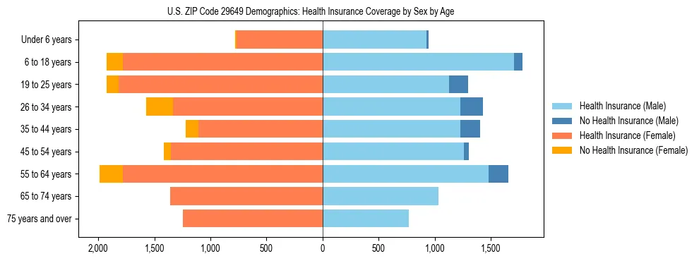 Pyramid chart showing health insurance coverage by age and sex in US ZIP Code 29649.