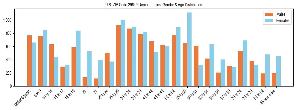 Bar chart showing the population distribution of US ZIP Code 29649 by age group and gender, based on 2023 ACS data.