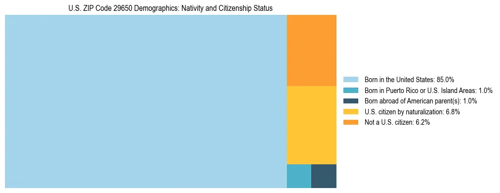 Treemap showing the population distribution by nativity and citizenship status in US ZIP Code 29650 based on U.S. Census data.