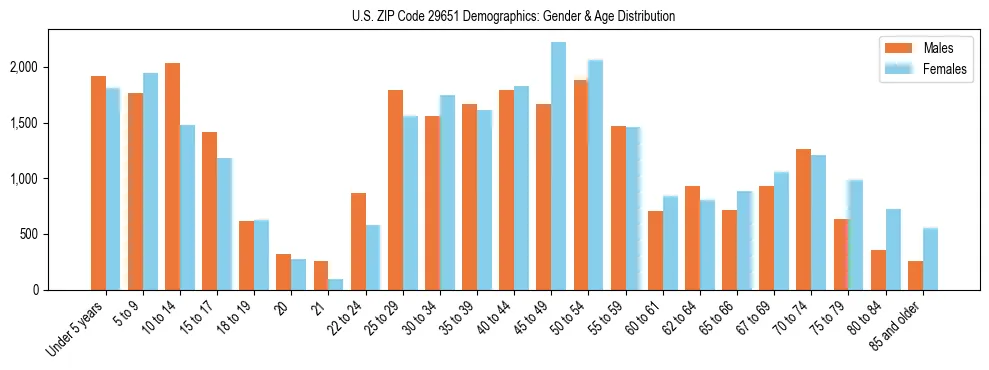 Bar chart showing the population distribution of US ZIP Code 29651 by age group and gender, based on 2023 ACS data.