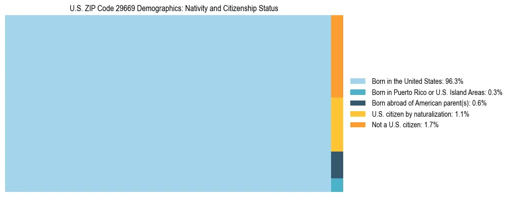 Treemap showing the population distribution by nativity and citizenship status in US ZIP Code 29669 based on U.S. Census data.
