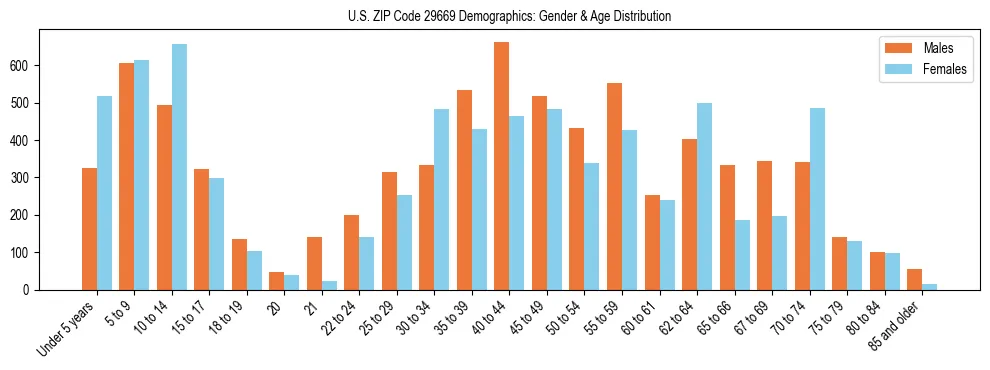 Bar chart showing the population distribution of US ZIP Code 29669 by age group and gender, based on 2023 ACS data.