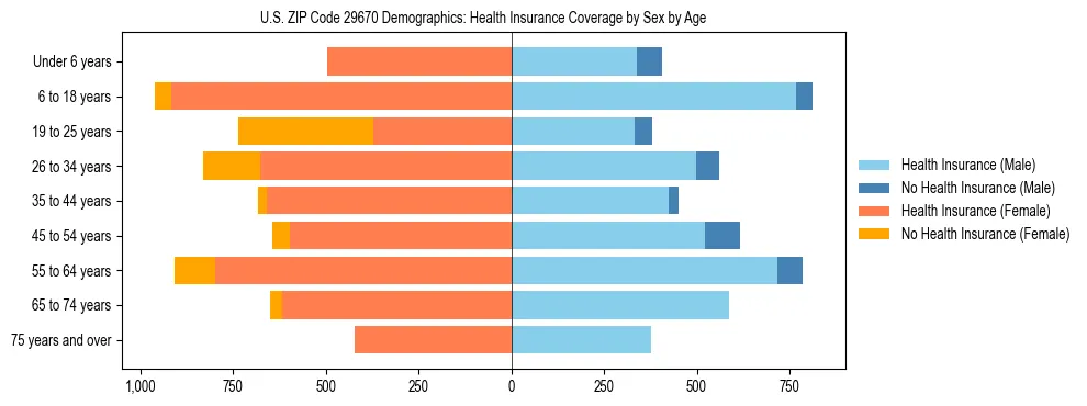 Pyramid chart showing health insurance coverage by age and sex in US ZIP Code 29670.