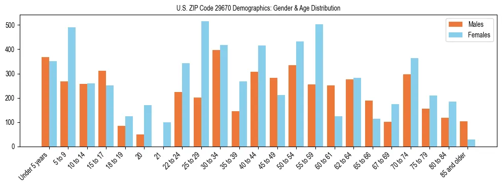 Bar chart showing the population distribution of US ZIP Code 29670 by age group and gender, based on 2023 ACS data.