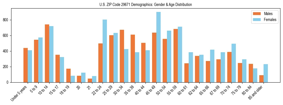 Bar chart showing the population distribution of US ZIP Code 29671 by age group and gender, based on 2023 ACS data.