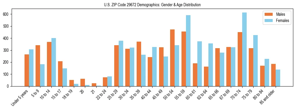 Bar chart showing the population distribution of US ZIP Code 29672 by age group and gender, based on 2023 ACS data.