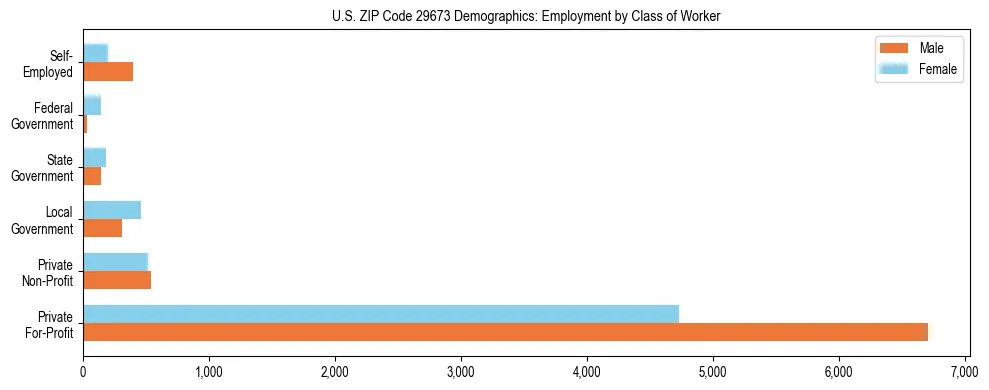 Horizontal bar chart showing employment distribution by class of worker and gender in US ZIP Code 29673, based on 2023 ACS data.