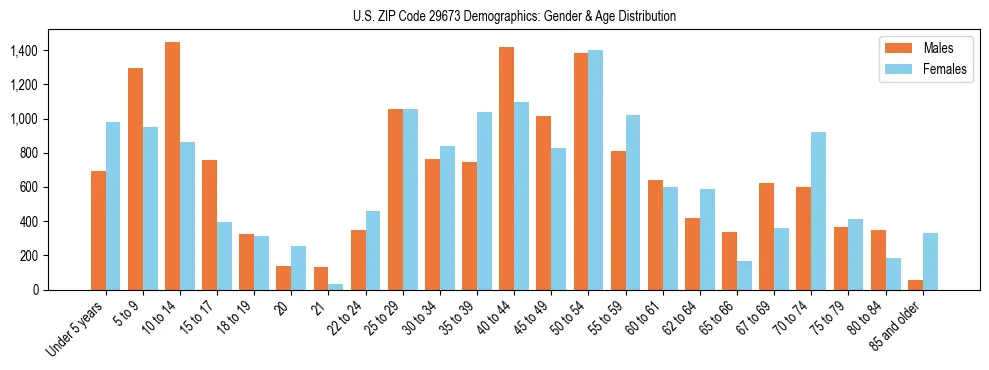 Bar chart showing the population distribution of US ZIP Code 29673 by age group and gender, based on 2023 ACS data.