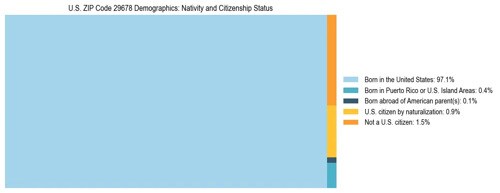 Treemap showing the population distribution by nativity and citizenship status in US ZIP Code 29678 based on U.S. Census data.