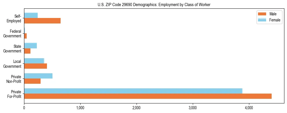 Horizontal bar chart showing employment distribution by class of worker and gender in US ZIP Code 29690, based on 2023 ACS data.