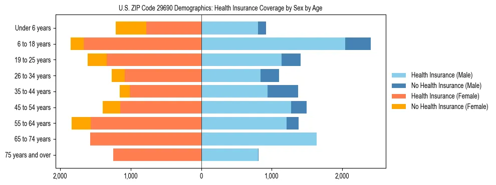 Pyramid chart showing health insurance coverage by age and sex in US ZIP Code 29690.