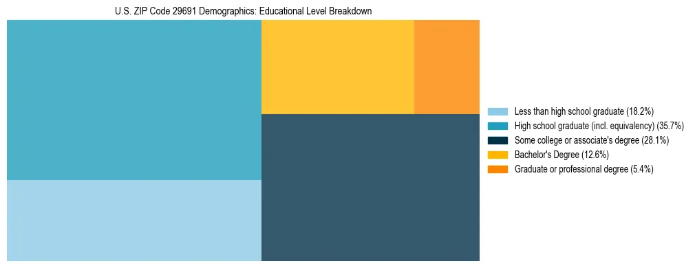 Treemap chart illustrating the educational attainment breakdown for population 25 years and over in US ZIP Code 29691.