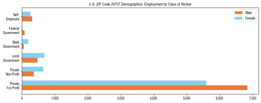 Horizontal bar chart showing employment distribution by class of worker and gender in US ZIP Code 29707, based on 2023 ACS data.