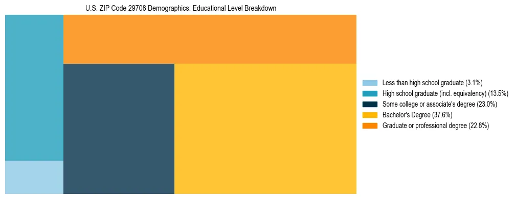 Treemap chart illustrating the educational attainment breakdown for population 25 years and over in US ZIP Code 29708.