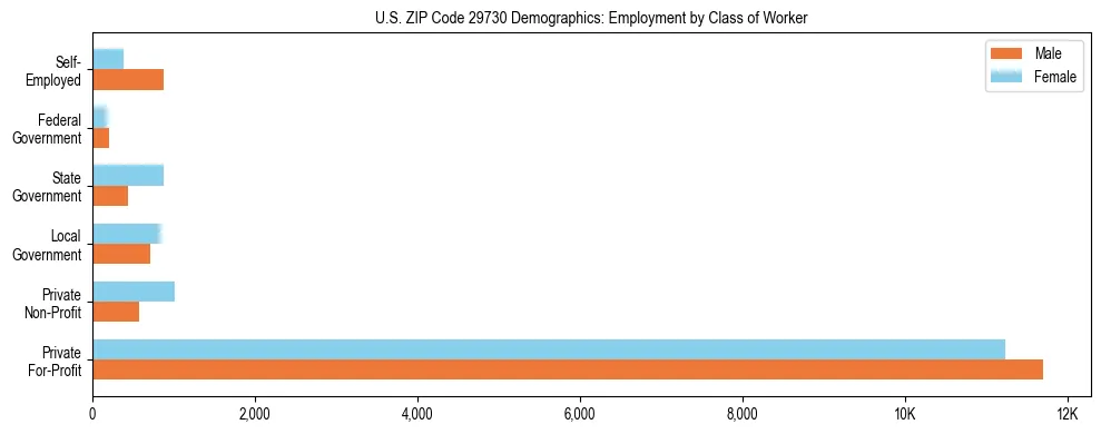 Horizontal bar chart showing employment distribution by class of worker and gender in US ZIP Code 29730, based on 2023 ACS data.