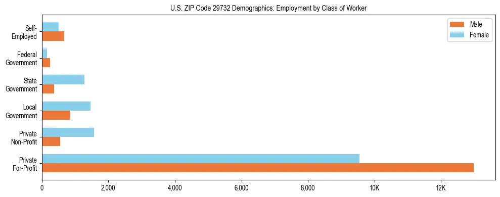 Horizontal bar chart showing employment distribution by class of worker and gender in US ZIP Code 29732, based on 2023 ACS data.